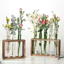 3/5 Tubes Wall Hanging Hydroponic Plant Propagation Glass Vase with Wooden Stand Desktop for Home Office Planter Garde Decor